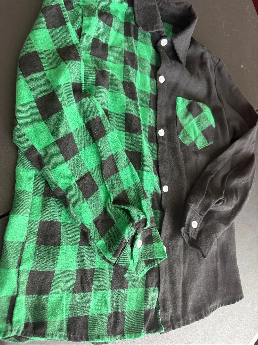 Green and Black Half-Check Button-Up Shirt